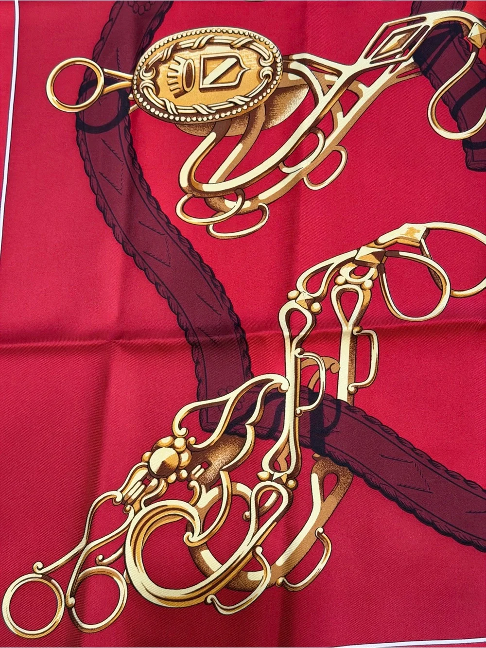 Hermes Red Silk Scarf with Gold Equestrian Hardware Motif